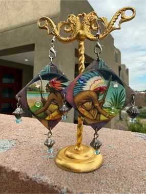 Vintage Style Native American Chief Decoupage Dangle Statement Earrings